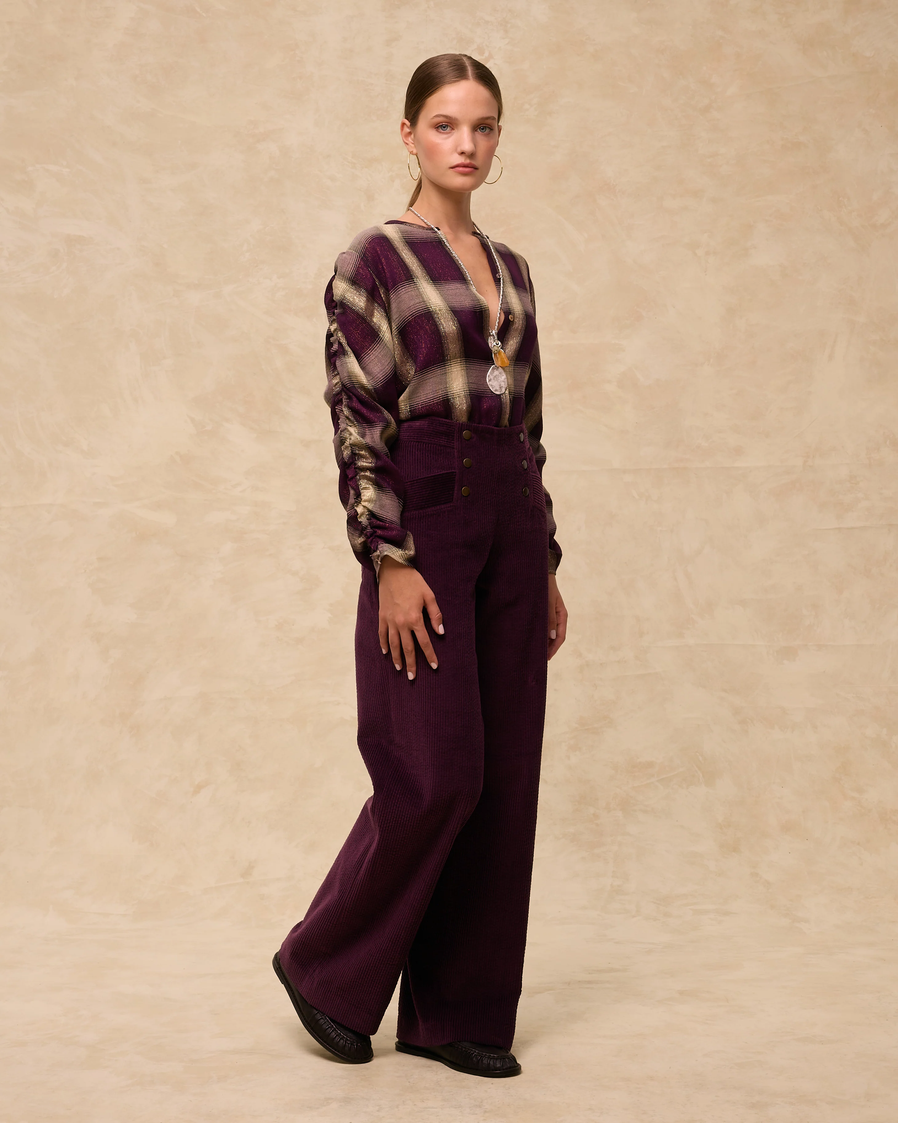 ARIANNE | Aubergine Check Blouse - Image 3
