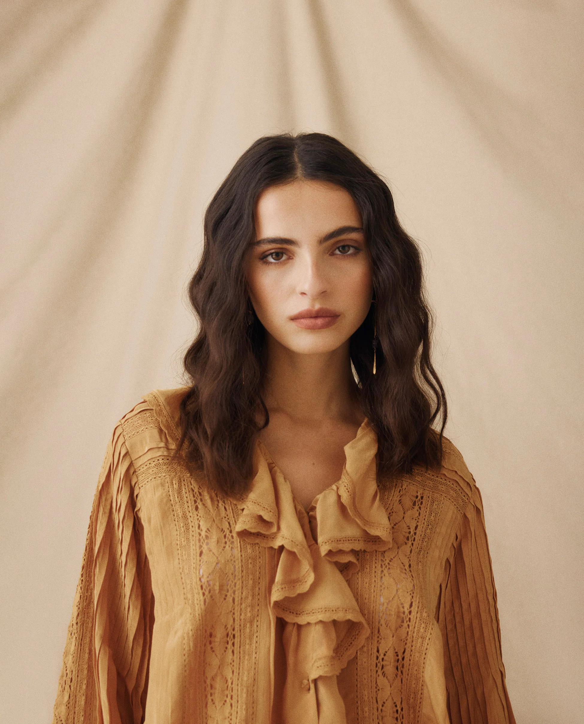 BASIL | Light Camel Ruffled Lace Blouse - Image 4