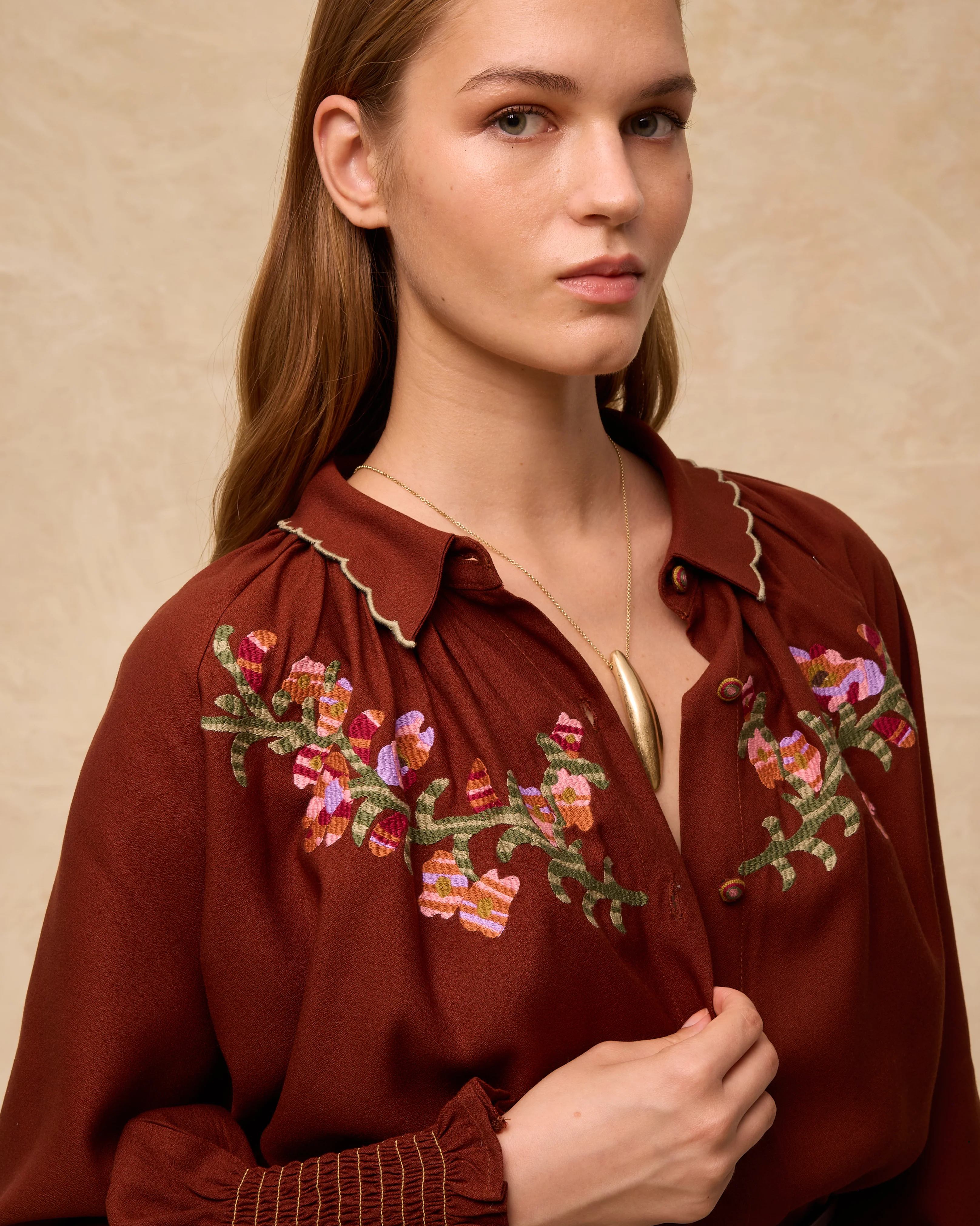 BOTANIC | Chestnut Brown Embroidered Floral Blouse