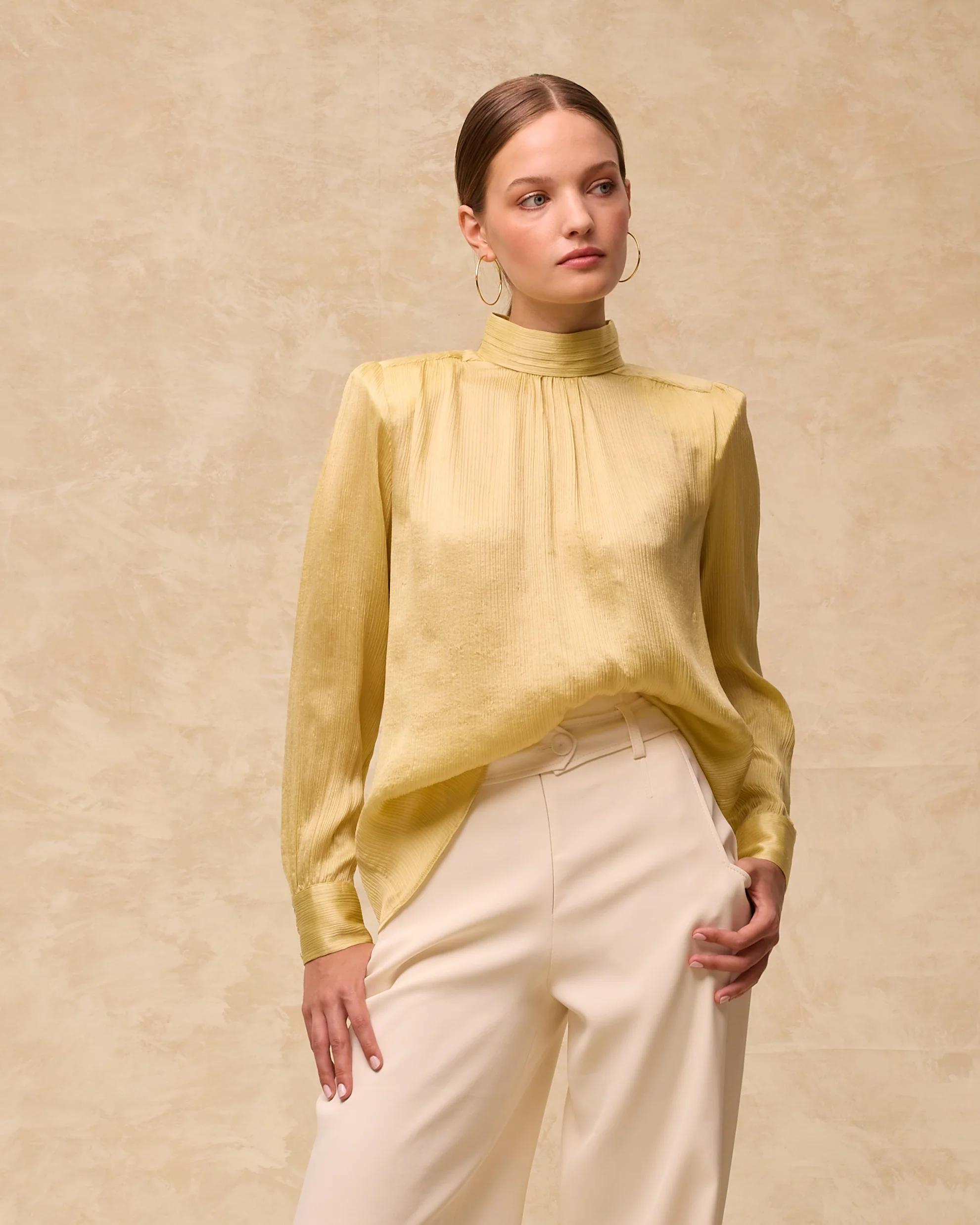 CAROL | Pale Chartreuse Pleated Silk Blouse