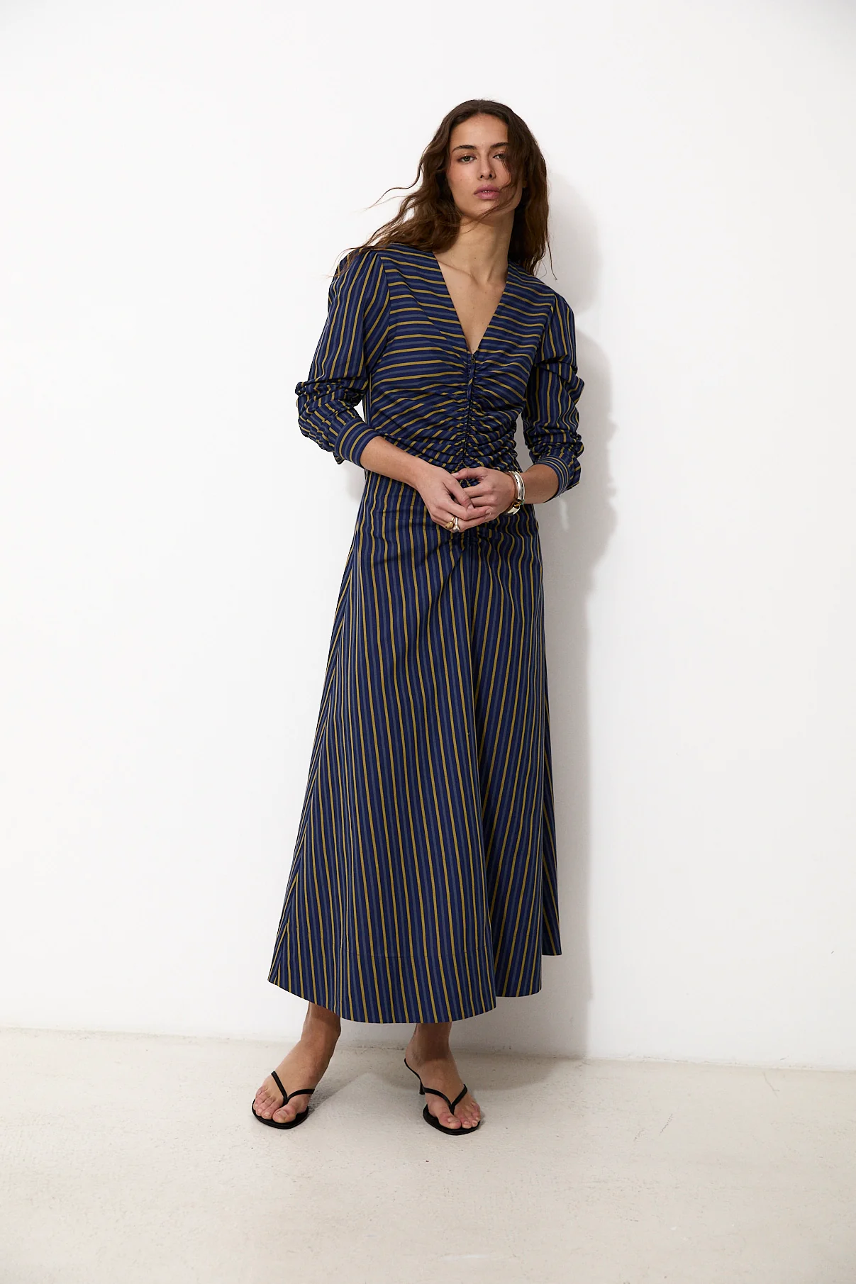 DARIA | Blue and yellow striped midi dress