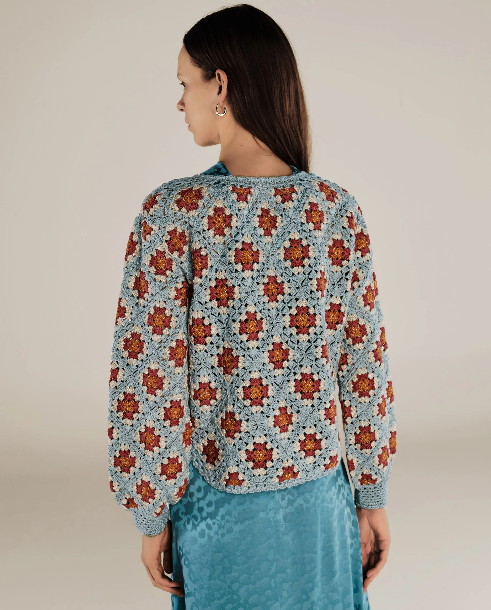 LANA | Teal Multicolour Flower Crochet Cotton Sweater - Image 5