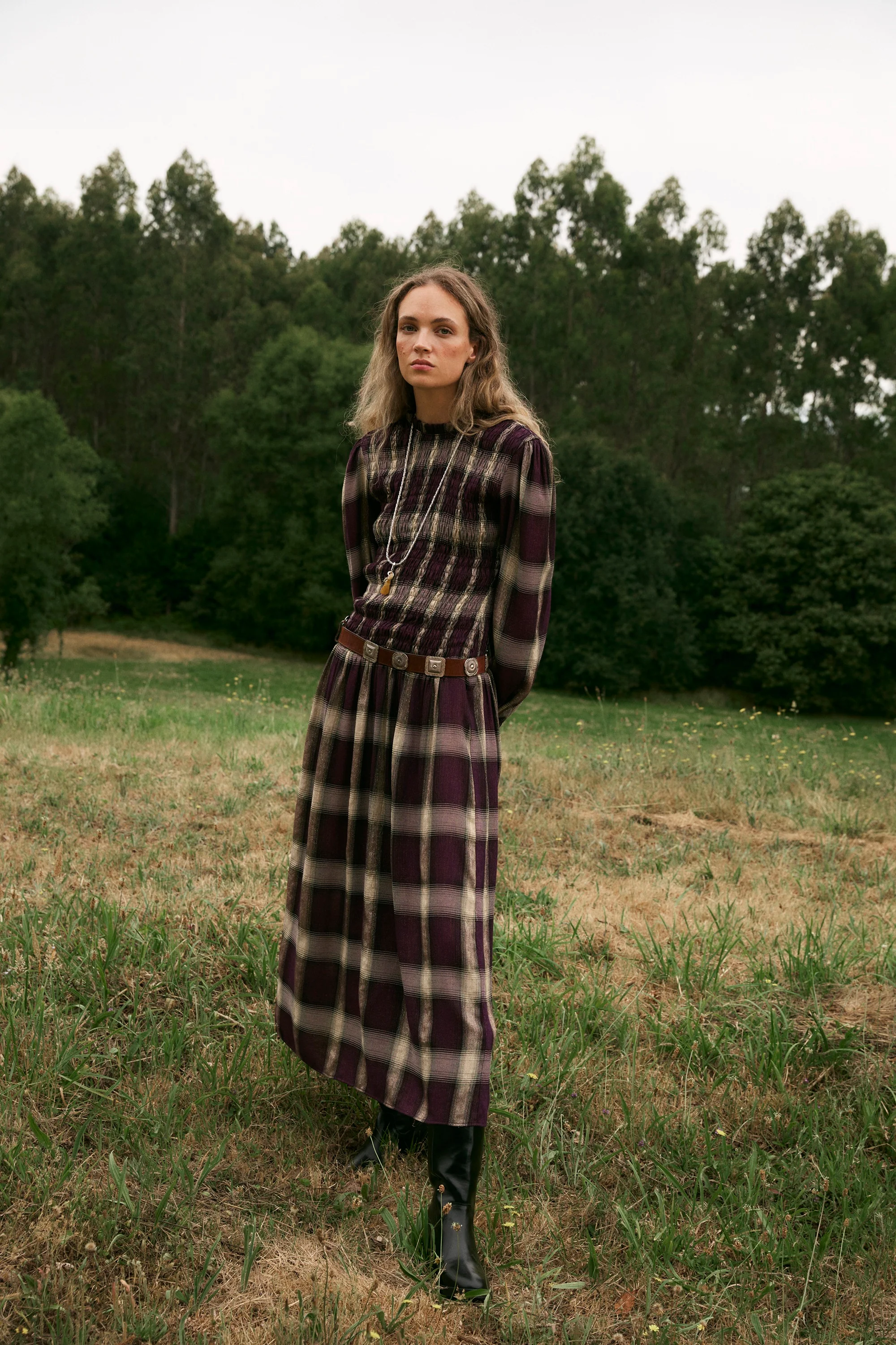 LEONOR | Aubergine Check Smocked Midi Dress