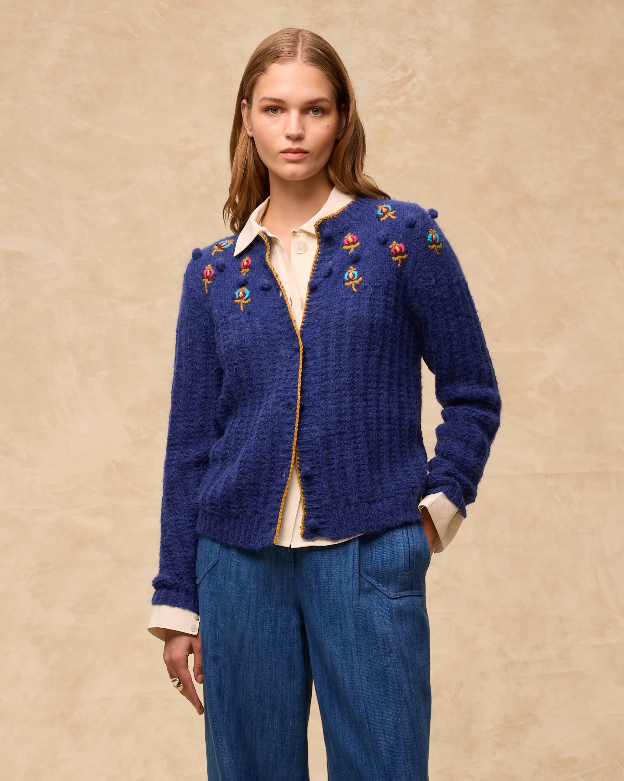 MILEY | Blue Embroidered Wool Cardigan - Image 3