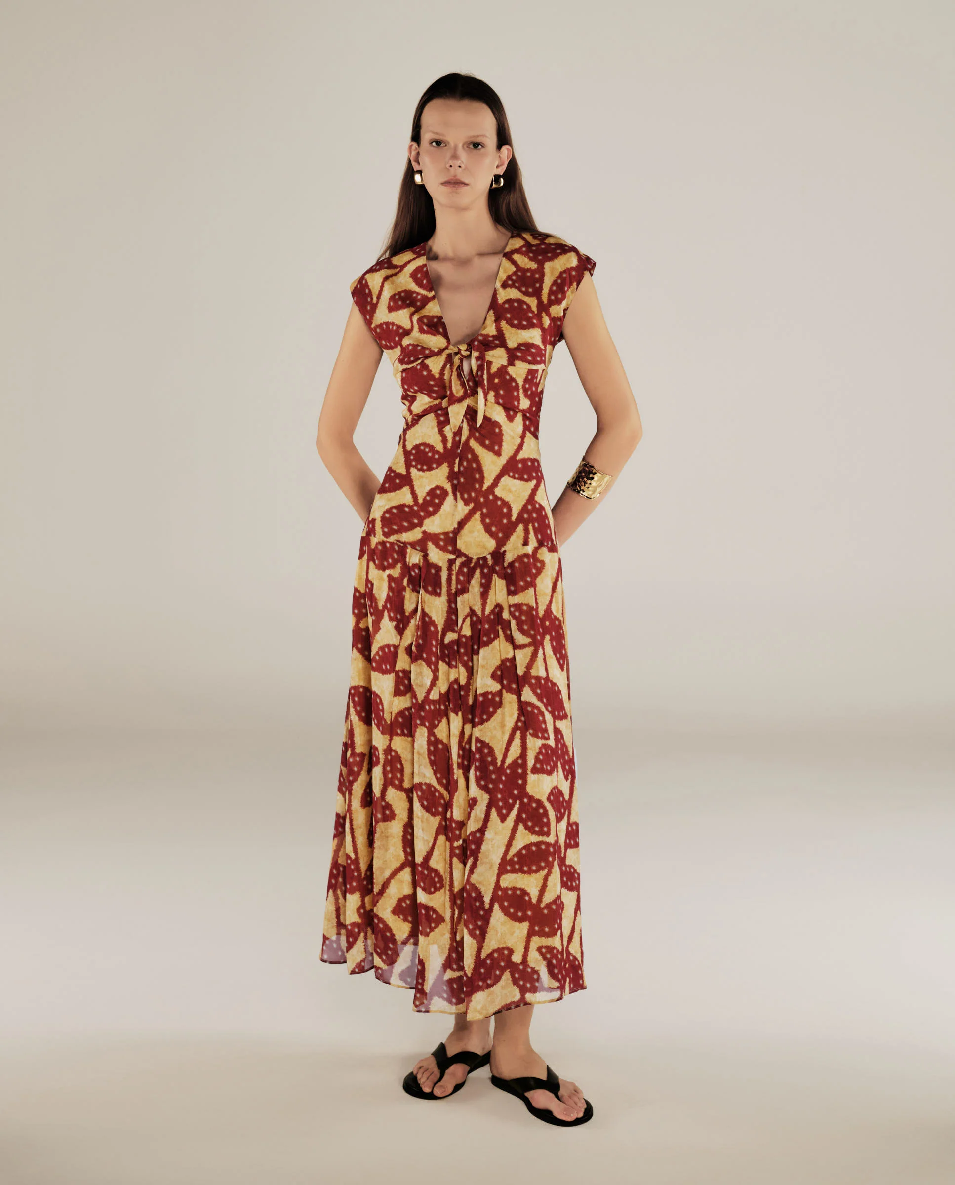 MILLIE | Burgundy & Gold Ruffle Crepe Midi Dress