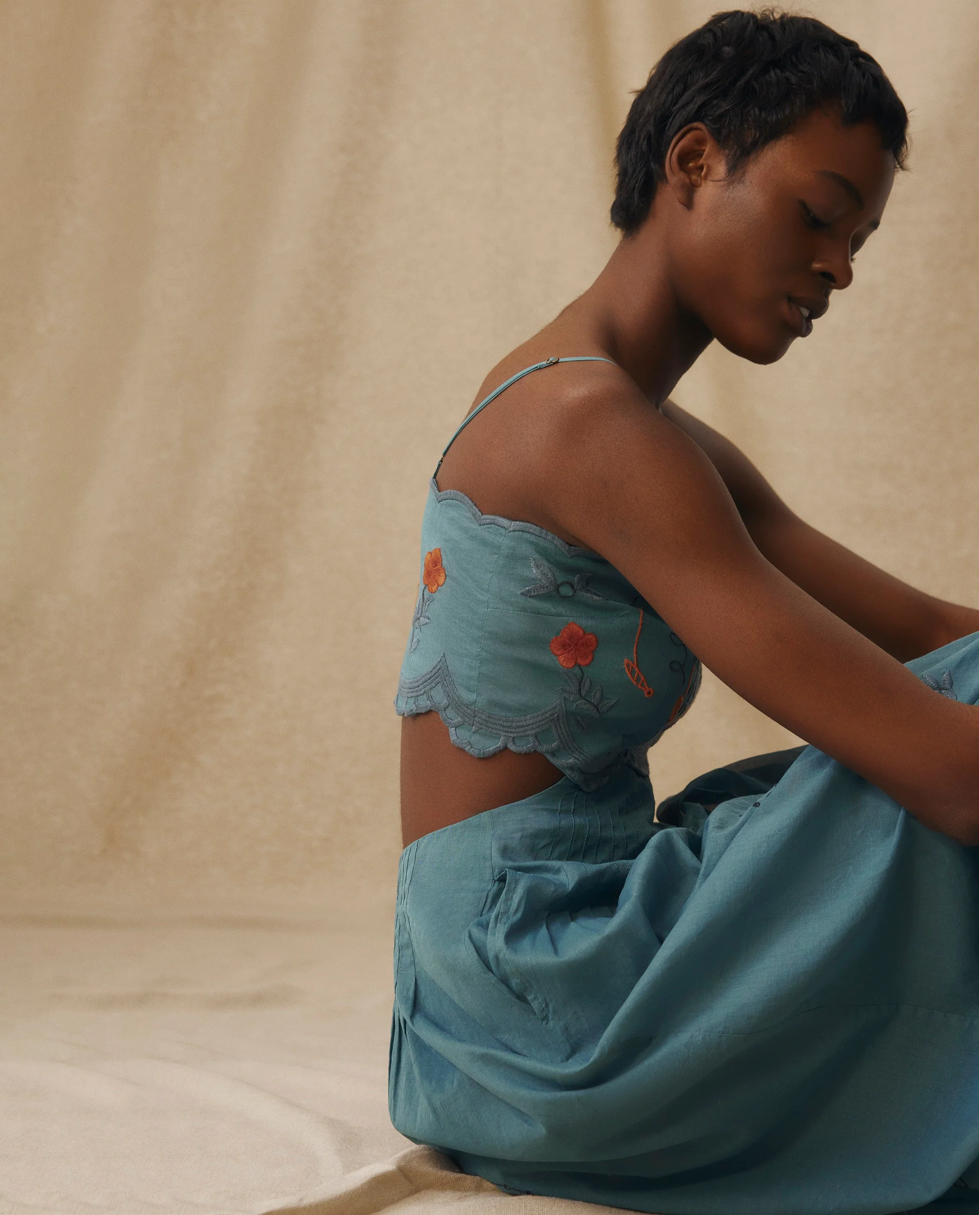 EMMA | Teal Blue Floral Embroidered Cotton Midi Dress - Image 4