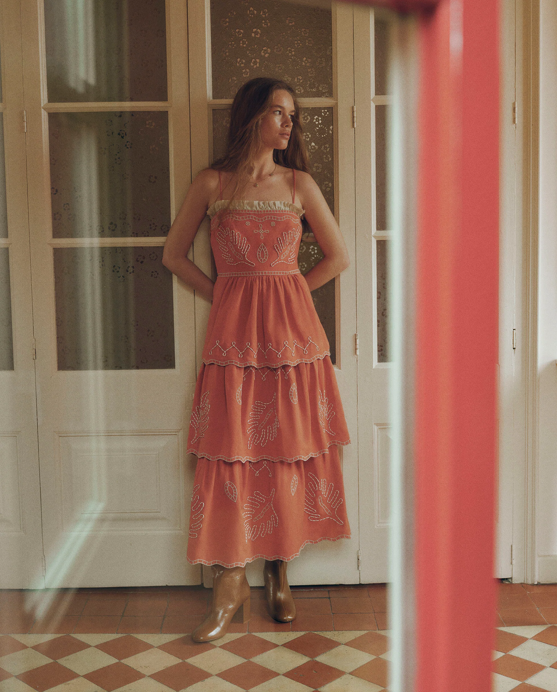 EMMA | Terracotta Red Embroidered Cotton Linen Tiered Midi Dress