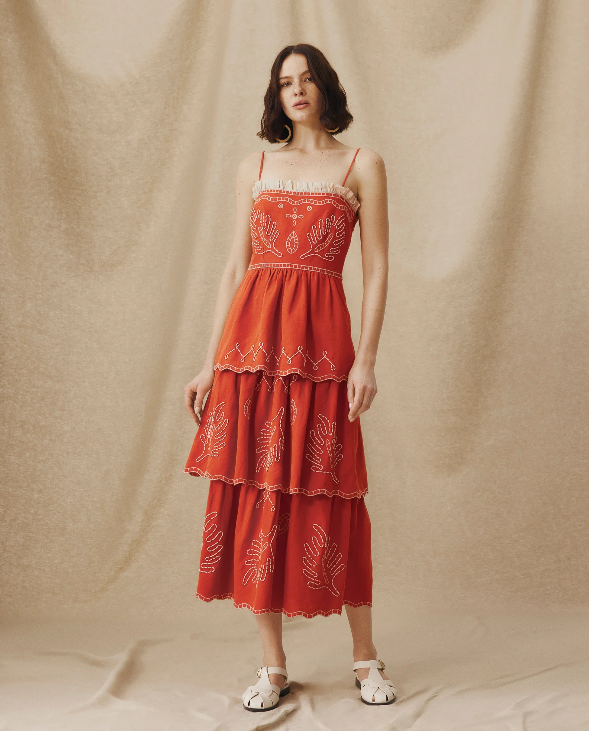 EMMA | Terracotta Red Embroidered Cotton Linen Tiered Midi Dress - Image 2