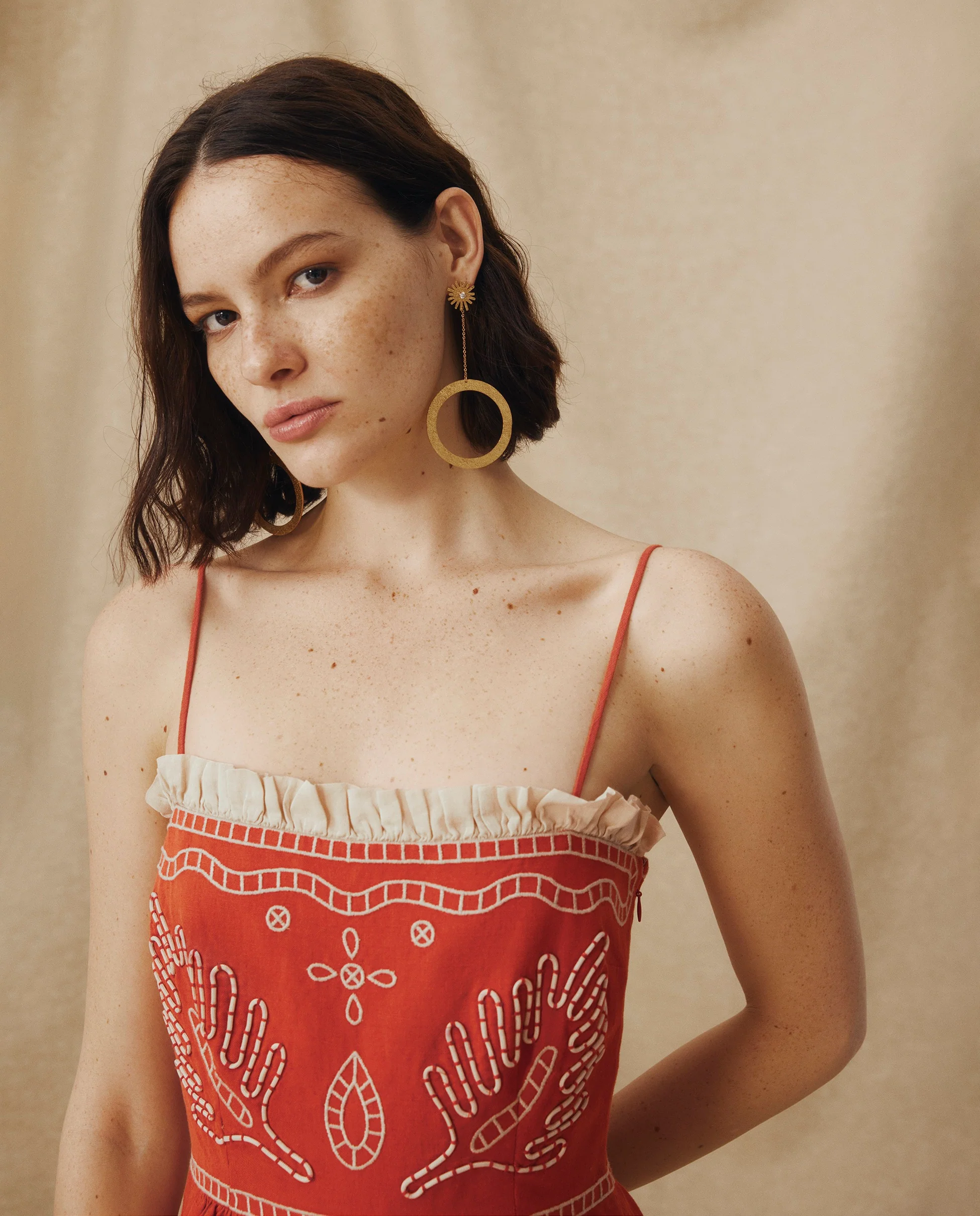 EMMA | Terracotta Red Embroidered Cotton Linen Tiered Midi Dress - Image 4