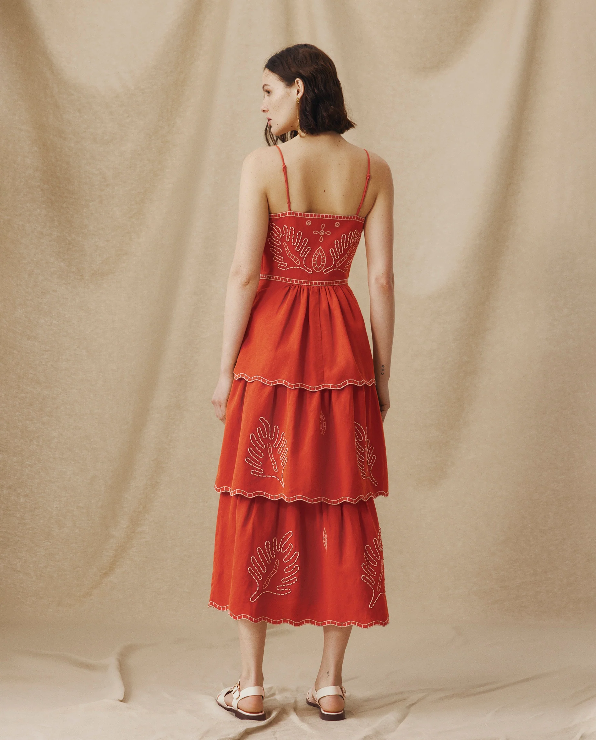 EMMA | Terracotta Red Embroidered Cotton Linen Tiered Midi Dress - Image 5