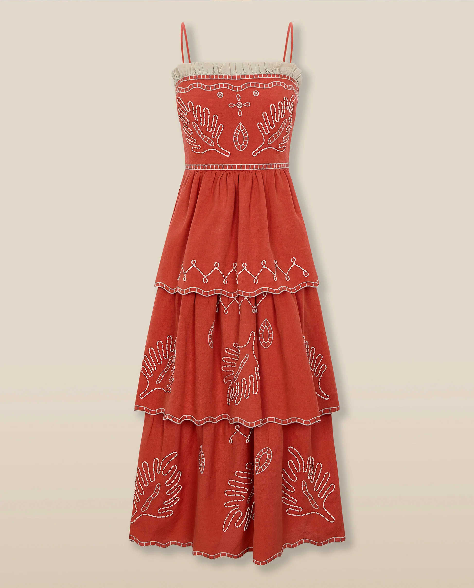 EMMA | Terracotta Red Embroidered Cotton Linen Tiered Midi Dress - Image 6