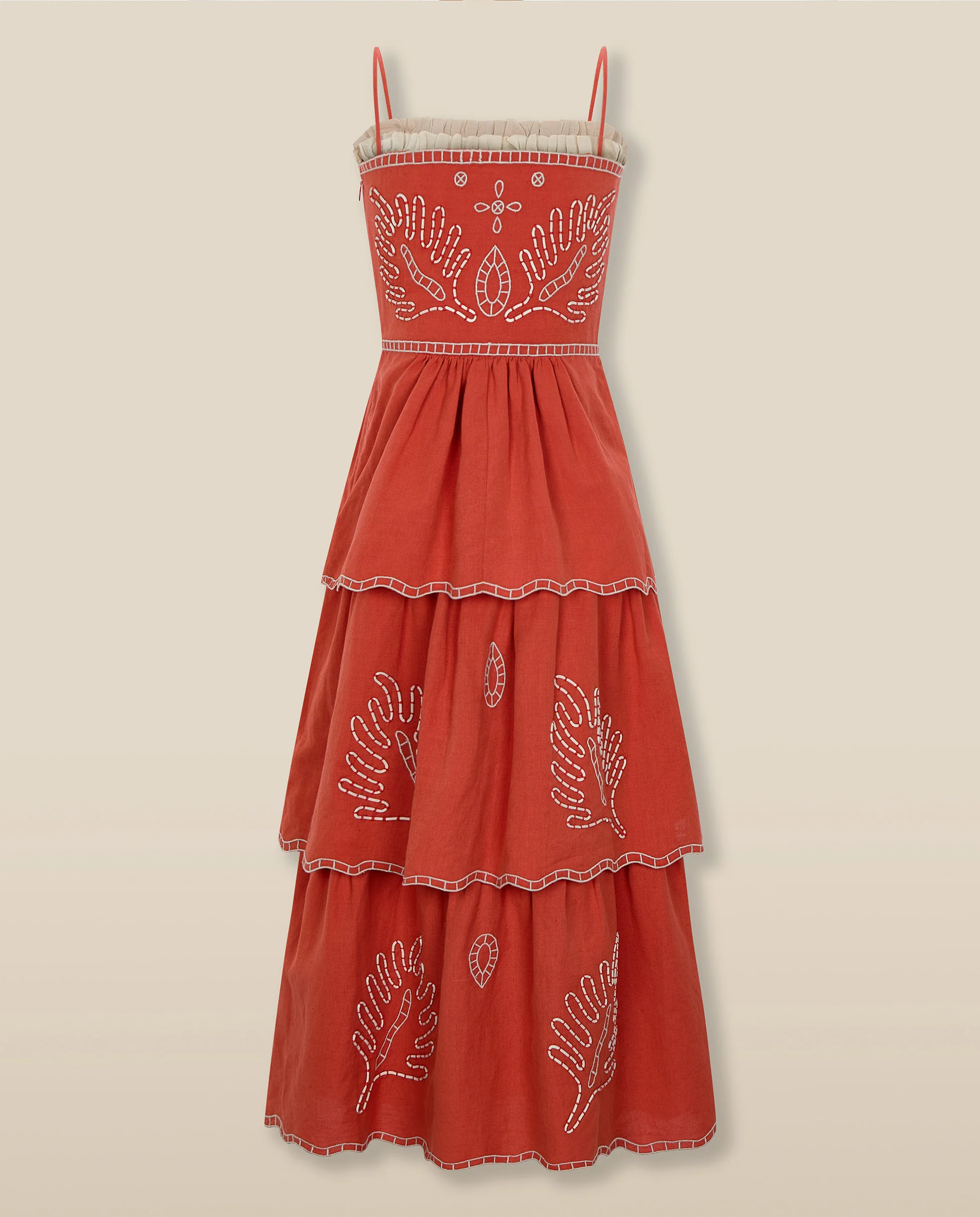 EMMA | Terracotta Red Embroidered Cotton Linen Tiered Midi Dress - Image 7