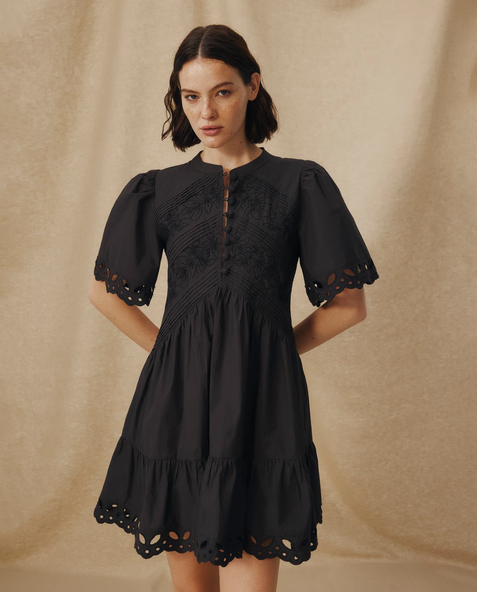 JAIA | Black Tonal Floral-Embroidered Cotton Short Dress - Image 2