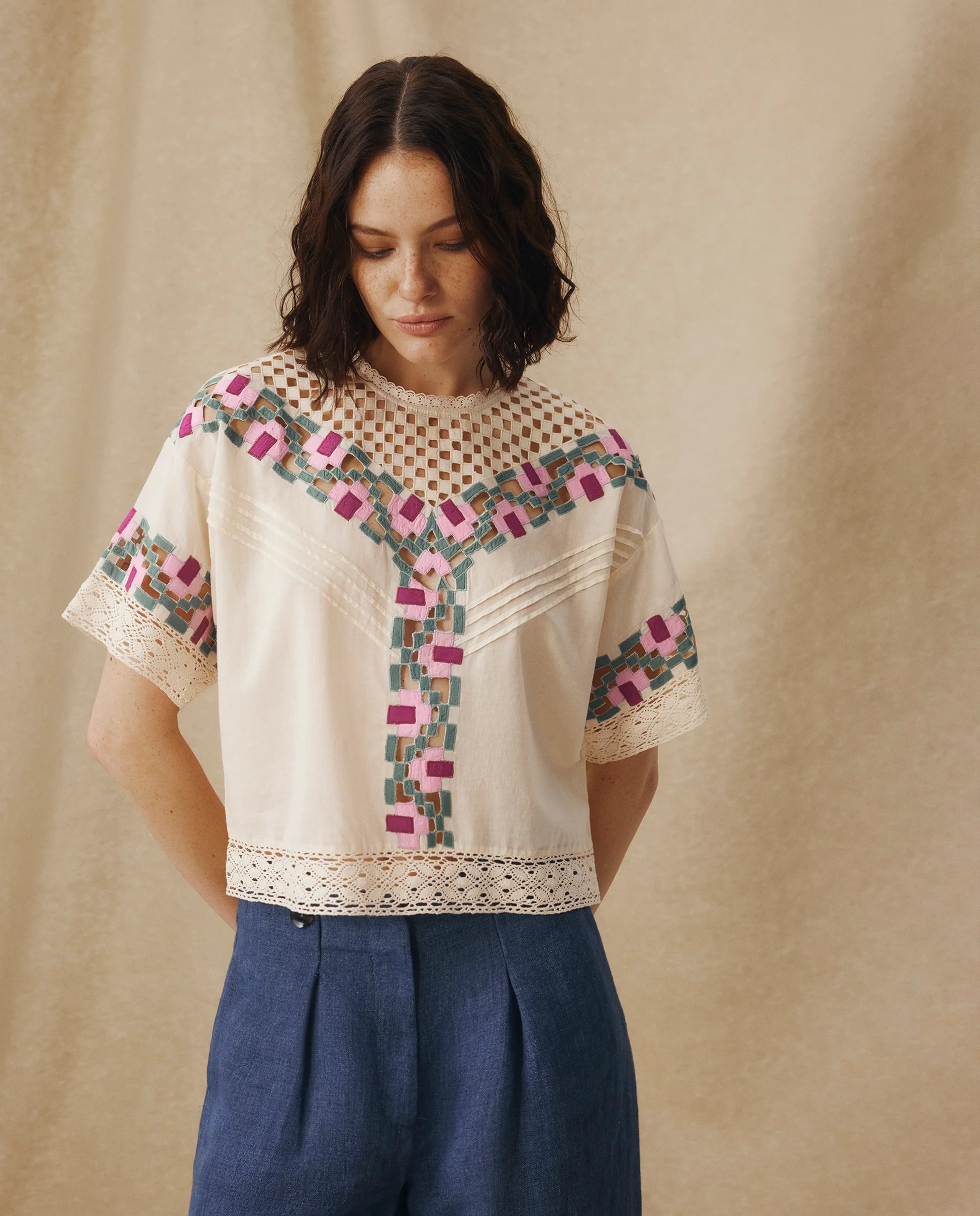 KALINDA | Cream Geometric-Embroidered Cotton Blouse