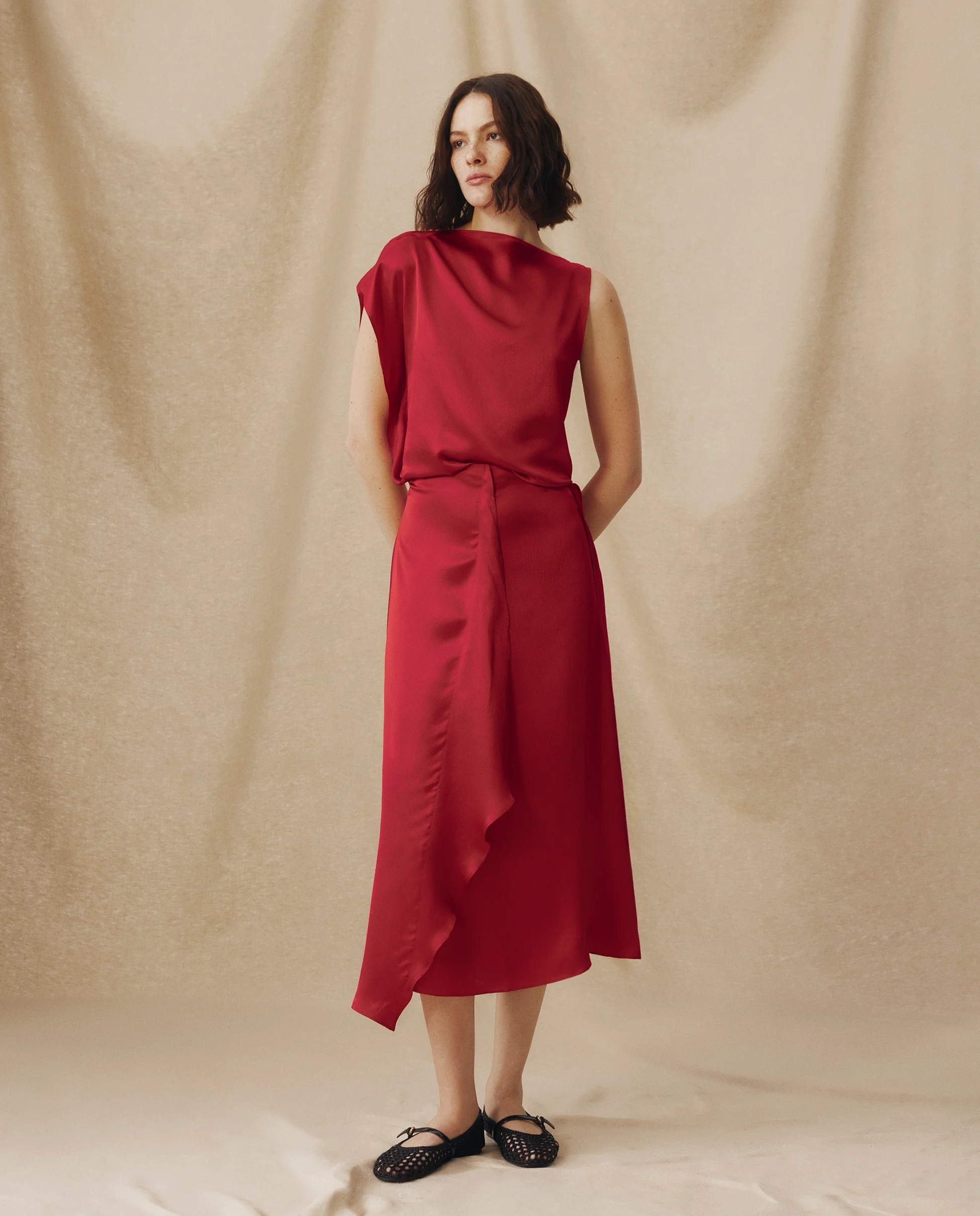 LETIZIA | Crimson Red Asymmetric Silk Skirt