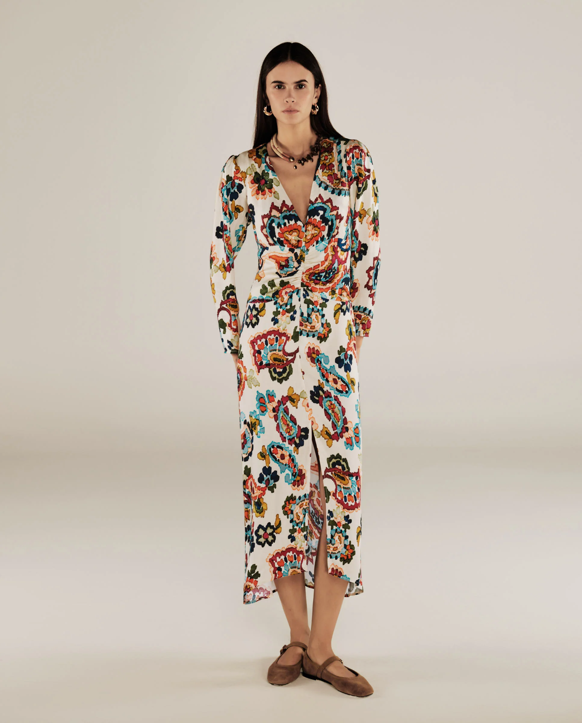 SALENA | Cream Multi Ruche Detail Fitted Midi Dress