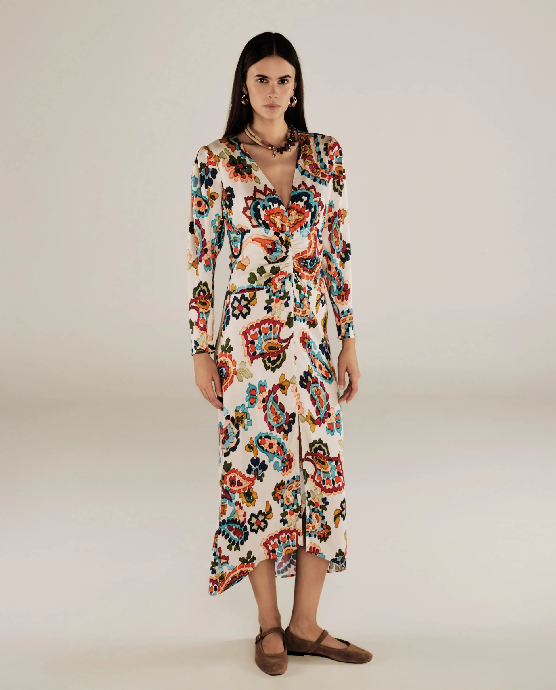 SALENA | Cream Multi Ruche Detail Fitted Midi Dress - Image 2