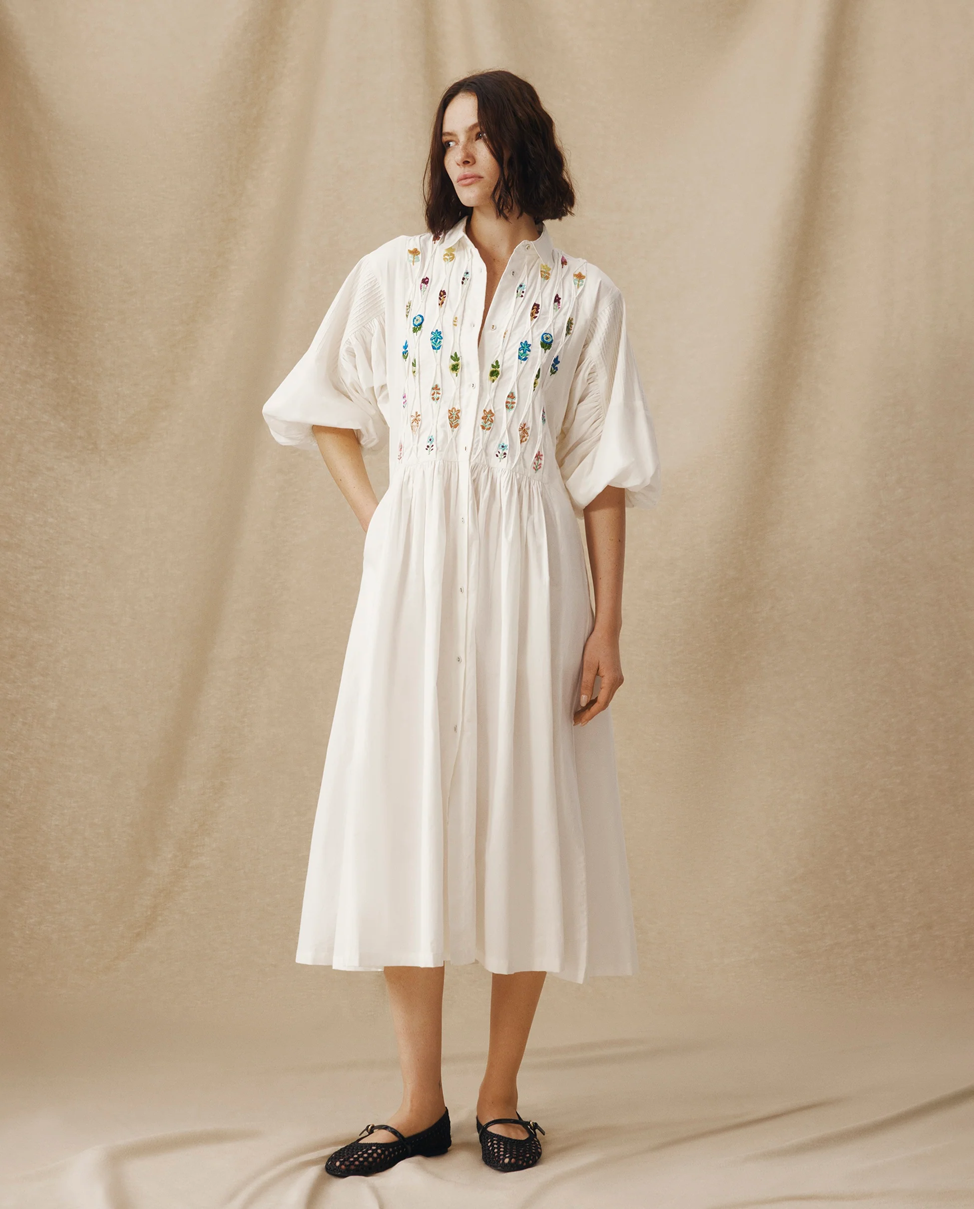ZULIKA | White Embroidered Floral Motifs Cotton Midi Dress